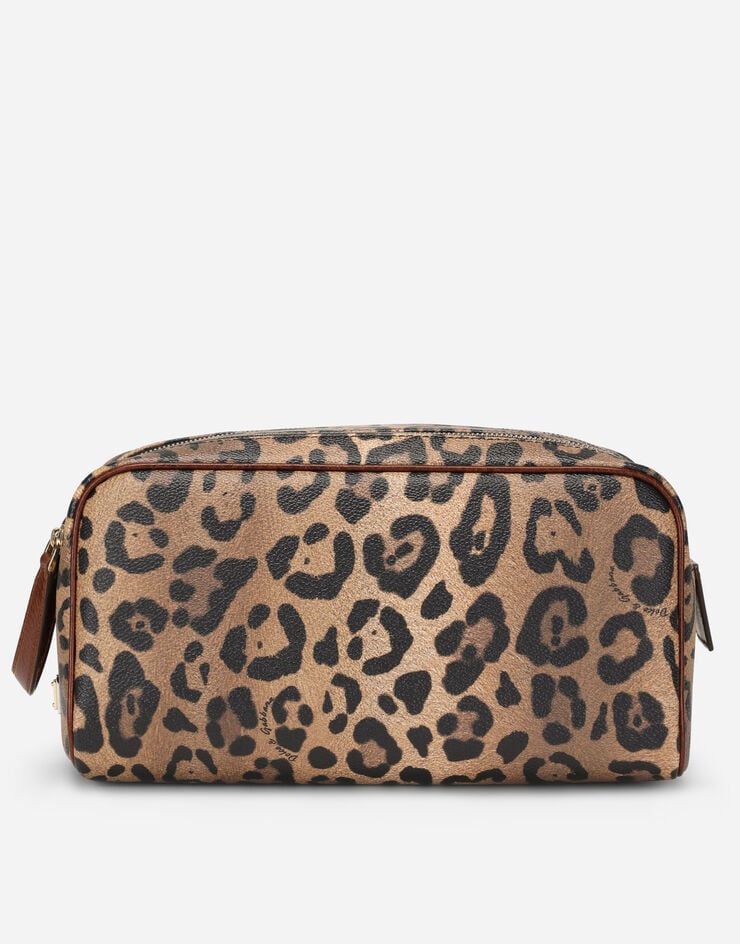 Dolce & Gabbana Neceser en crespo estampado leopardo con placa con logotipo