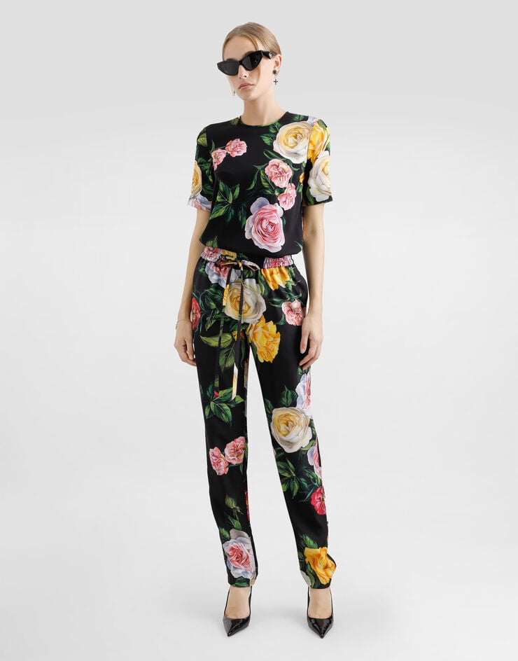 Dolce & Gabbana Pantalones De Seda Con Elástico En La Cintura Y Estampado De Peonías Y Rosas
