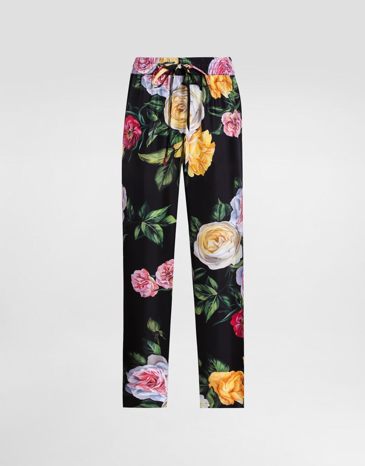 Dolce & Gabbana Pantalones de seda con elástico en la cintura y estampado de peonías y rosas
