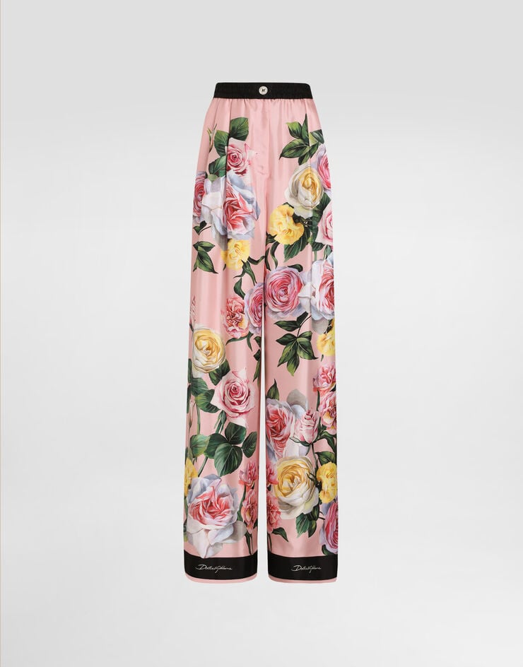 Dolce & Gabbana Pantalones estilo pijama de seda con estampado de peonías y rosas