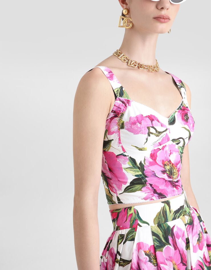 Dolce & Gabbana Top Bustier De Algodón Con Estampado De Peonías