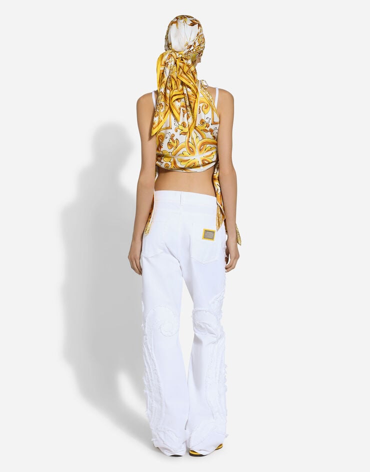 Dolce & Gabbana Top Con Cuello Halter En Sarga De Seda Con Estampado Maiolica