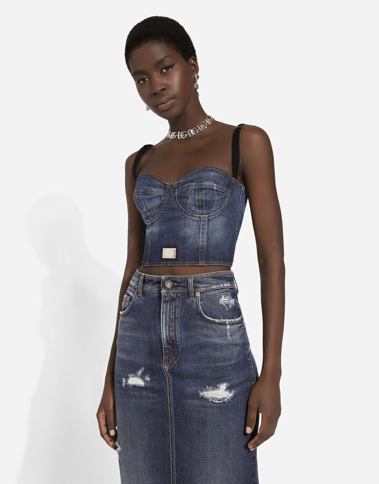 Dolce & Gabbana Top Corsetero De Denim Con Placa Con Logotipo