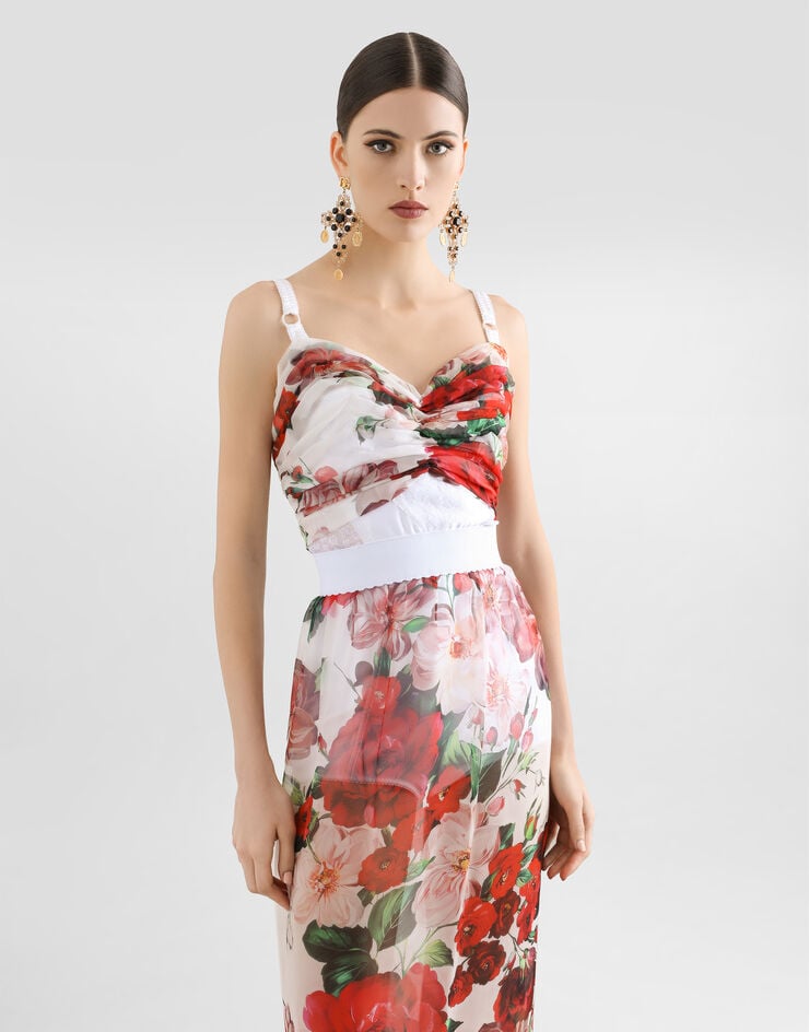 Dolce & Gabbana Top Corsetero De Marquisette Y Chifón Con Estampado De Rosas