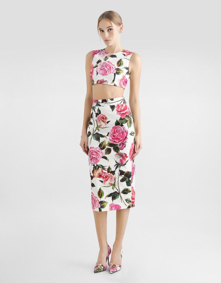 Dolce & Gabbana Top Corto De Algodón Jacquard Con Estampado De Rosas