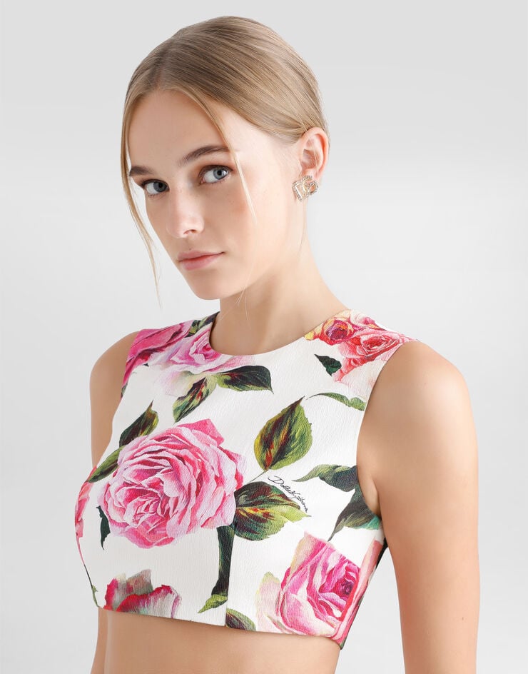 Dolce & Gabbana Top Corto De Algodón Jacquard Con Estampado De Rosas