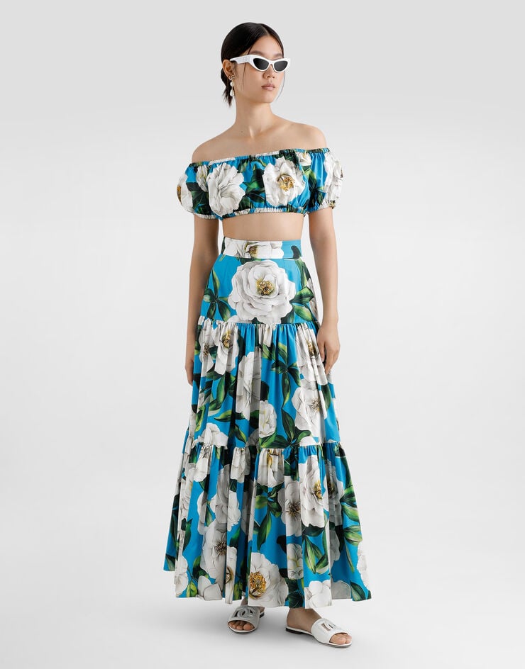 Dolce & Gabbana Top De Algodón Con Escote Bardot Y Estampado De Gardenias