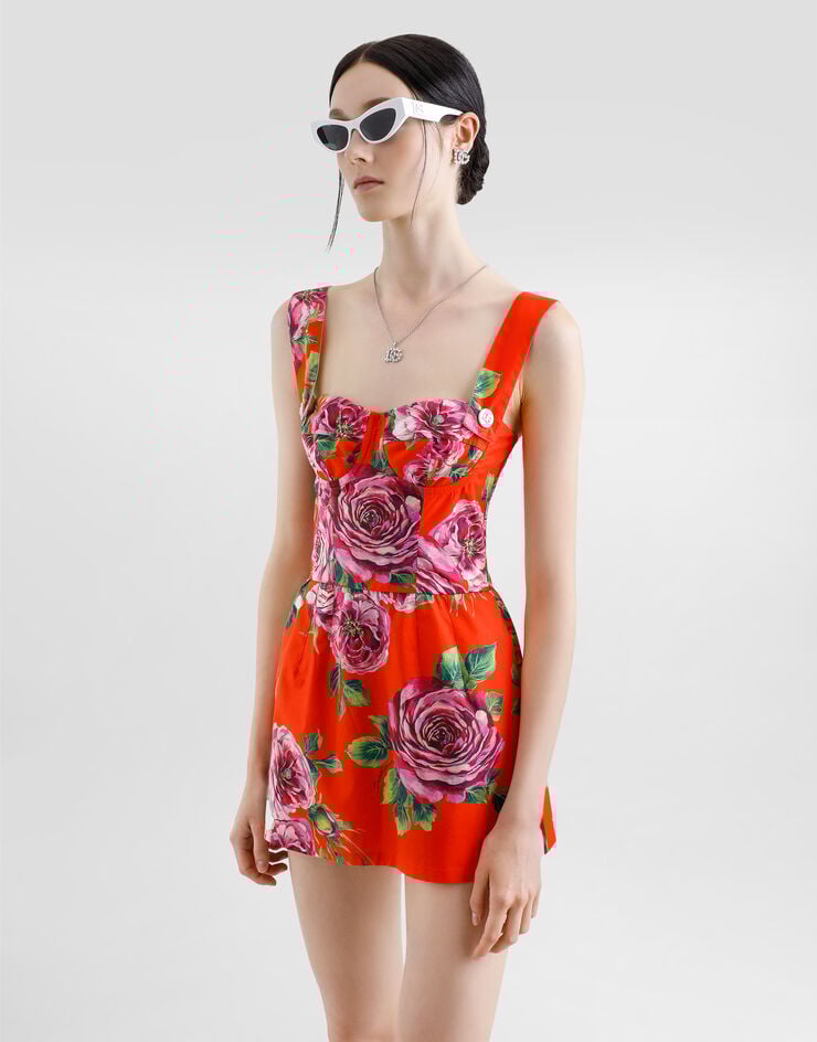 Dolce & Gabbana Top Largo Estilo Bustier De Algodón Con Estampado De Rosas