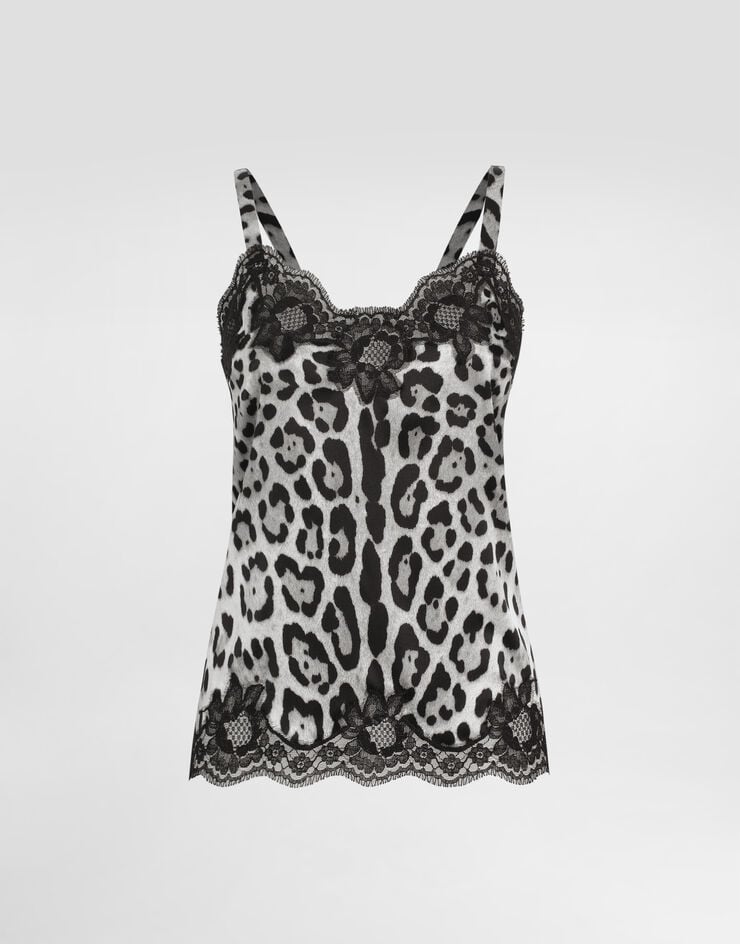 Dolce & Gabbana Top lencero en raso de seda elástica con estampado de leopardo