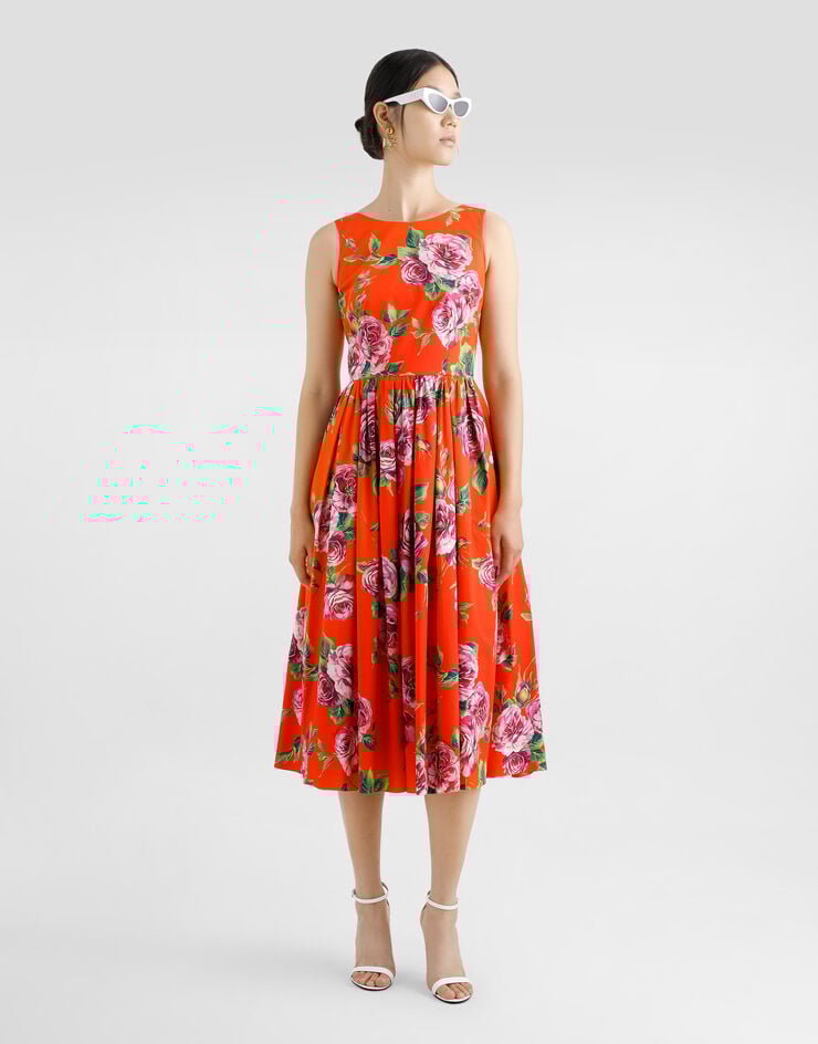 Dolce & Gabbana Vestido Babydoll Longuette De Algodón Con Estampado De Rosas