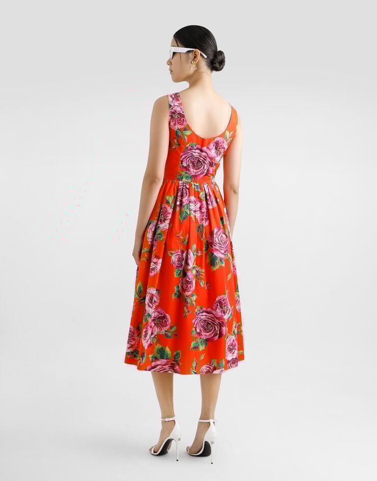 Dolce & Gabbana Vestido Babydoll Longuette De Algodón Con Estampado De Rosas