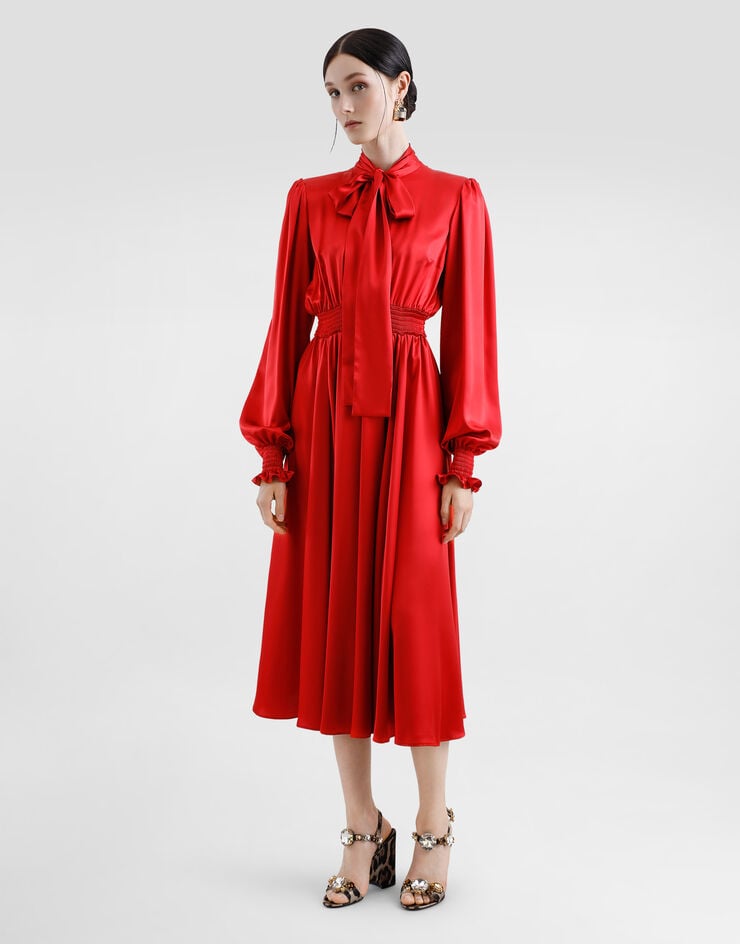 Dolce & Gabbana Vestido Camisero De Raso De Seda Con Lazo Al Cuello