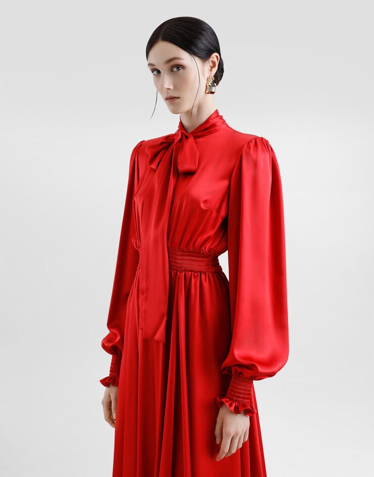 Dolce & Gabbana Vestido Camisero De Raso De Seda Con Lazo Al Cuello