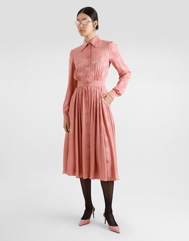 Dolce & Gabbana Vestido Camisero En Jacquard De Raso De Seda Con Logotipo DG