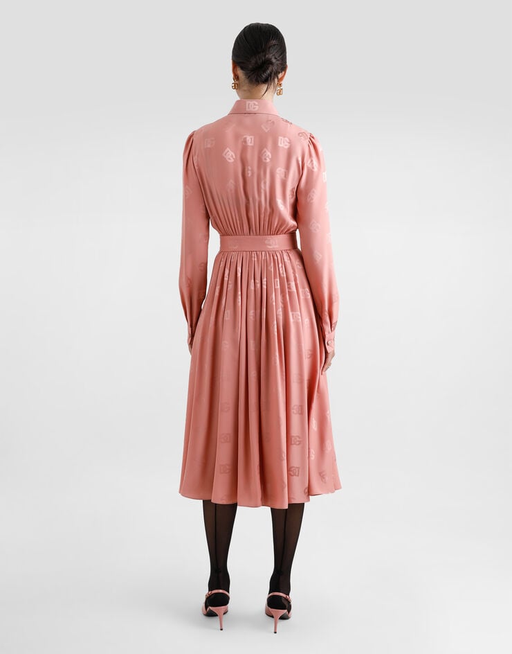 Dolce & Gabbana Vestido Camisero En Jacquard De Raso De Seda Con Logotipo DG