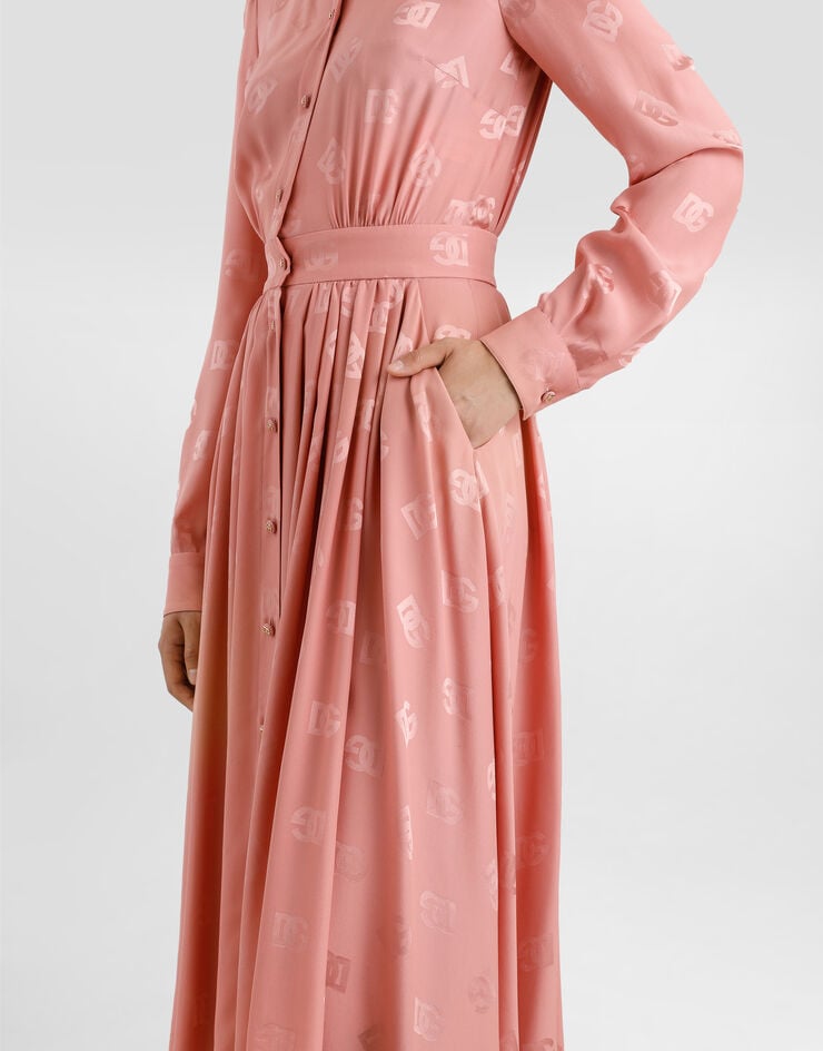 Dolce & Gabbana Vestido Camisero En Jacquard De Raso De Seda Con Logotipo DG