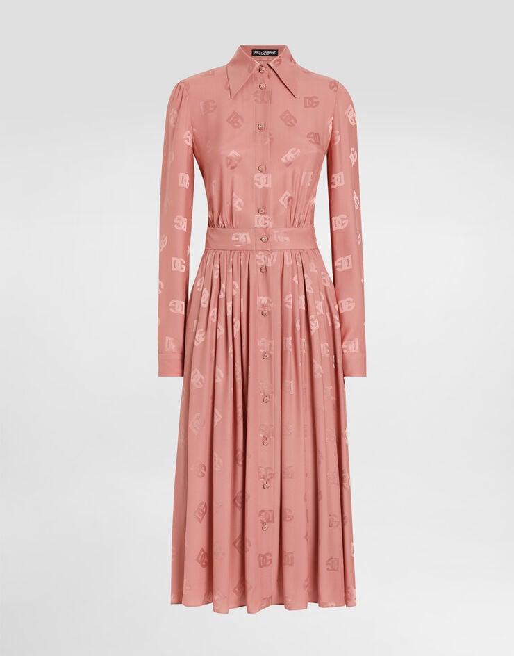Dolce & Gabbana Vestido camisero en jacquard de raso de seda con logotipo DG