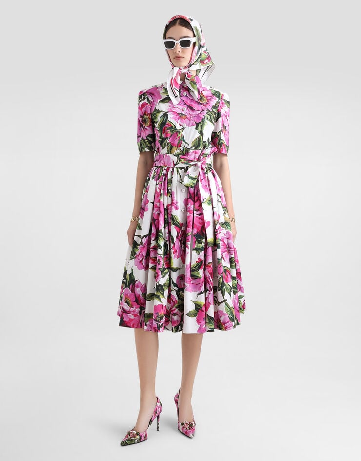 Dolce & Gabbana Vestido Camisero Longuette De Algodón Con Estampado De Peonías