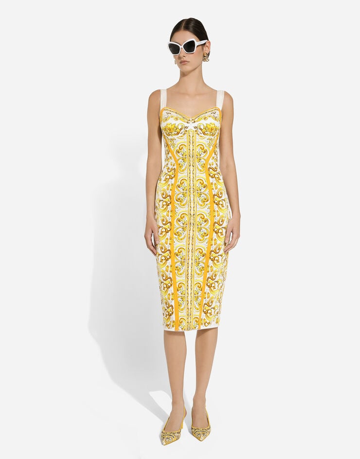 Dolce & Gabbana Vestido Con Corsé De Charmeuse Con Estampado Maiolica