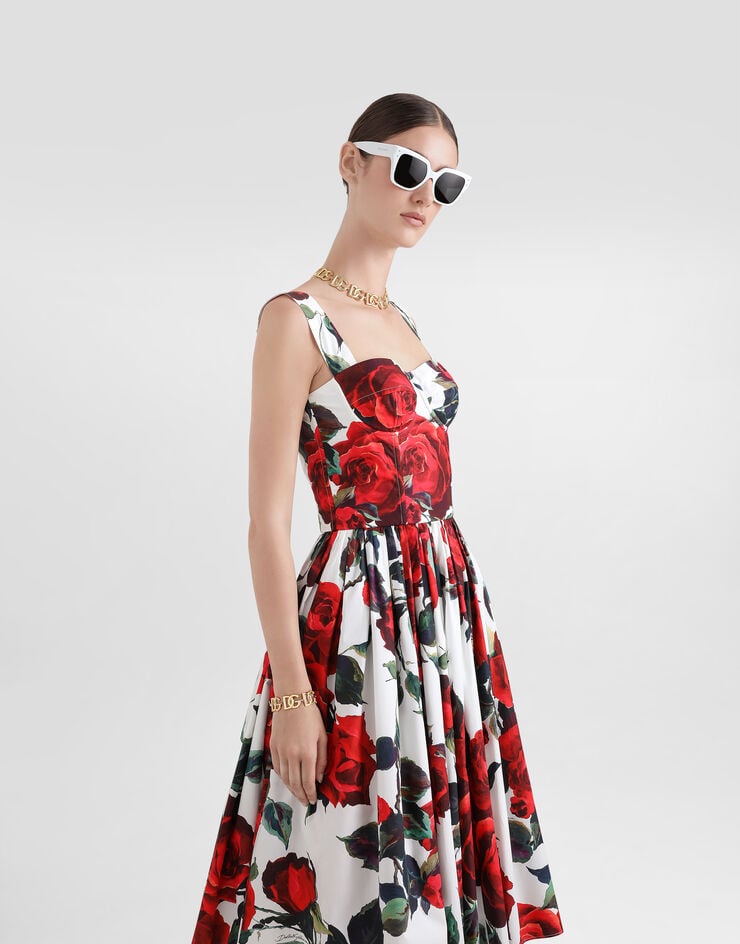 Dolce & Gabbana Vestido Corsetero Longuette Con Estampado De Rosas