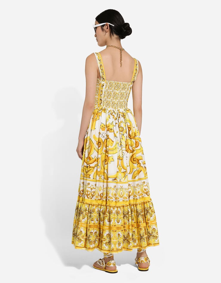Dolce & Gabbana Vestido Corsetero Longuette En Popelina De Algodón Con Estampado Maiolica