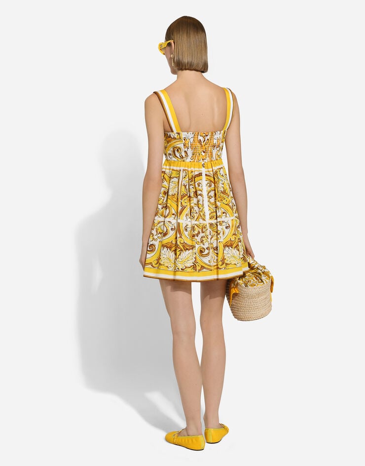Dolce & Gabbana Vestido Corto Con Corsé En Popelina De Algodón Con Estampado Maiolica