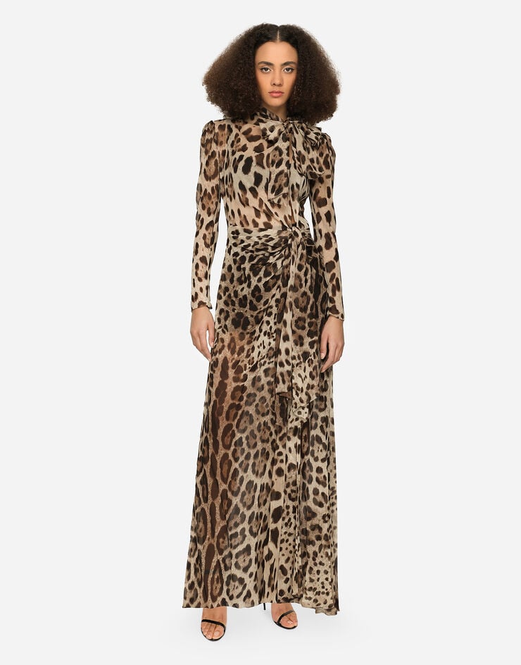 Dolce & Gabbana Vestido De Georgette Estampado Leopardo Con Lazos
