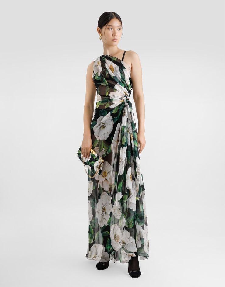 Dolce & Gabbana Vestido Largo De Chifón Con Hombro Al Aire Y Estampado De Gardenias