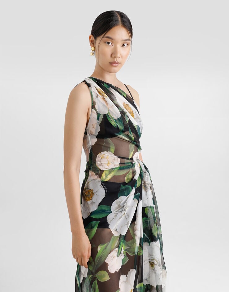 Dolce & Gabbana Vestido Largo De Chifón Con Hombro Al Aire Y Estampado De Gardenias