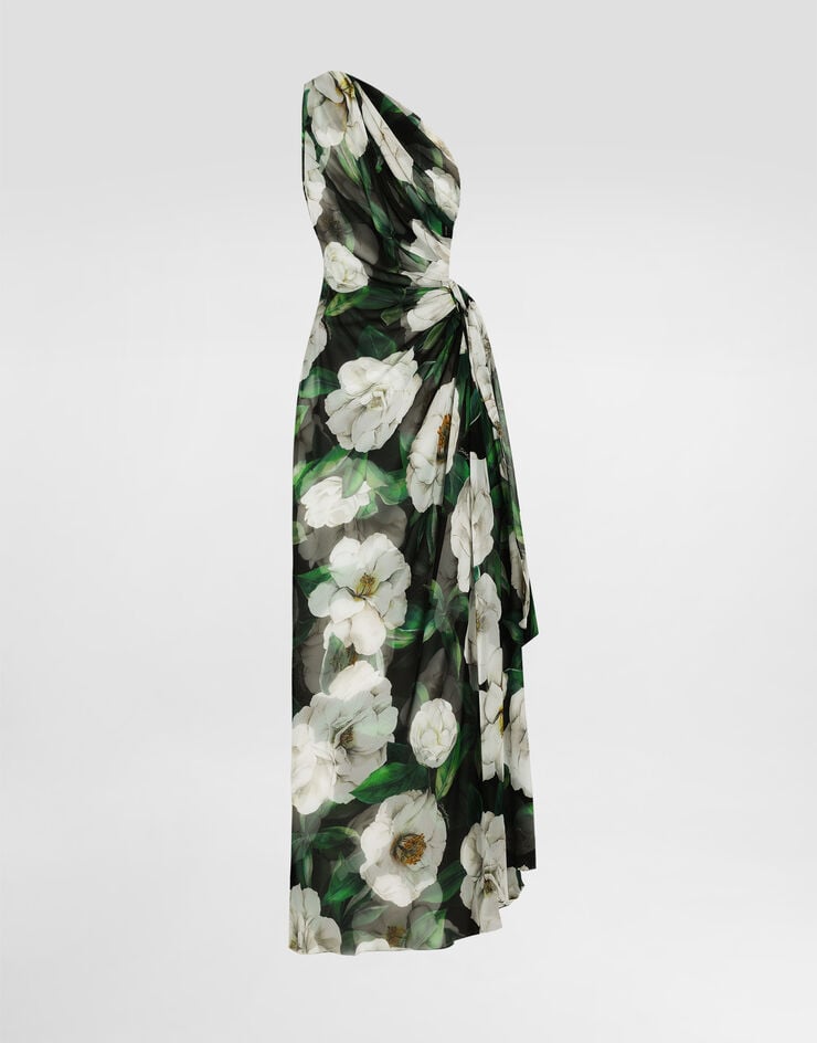 Dolce & Gabbana Vestido largo de chifón con hombro al aire y estampado de gardenias