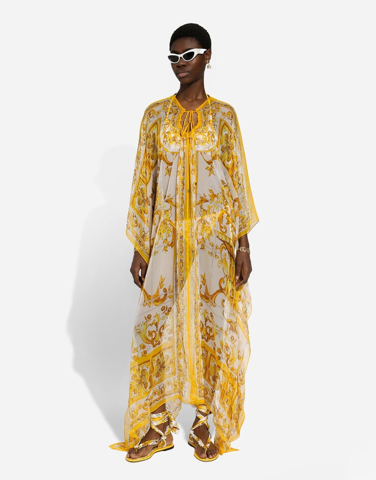 Dolce & Gabbana Vestido Largo En Chifón De Seda Con Estampado Maiolica