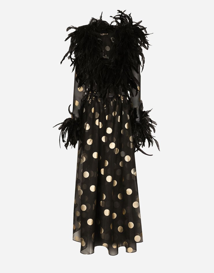 Dolce & Gabbana Vestido Largo En Organza De Seda A Lunares Con Detalles De Plumas