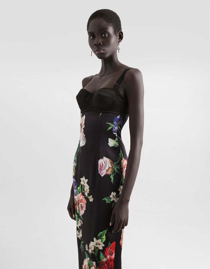Dolce & Gabbana Vestido Lencero Con Detalle Sujetador De Raso Estampado A Flores