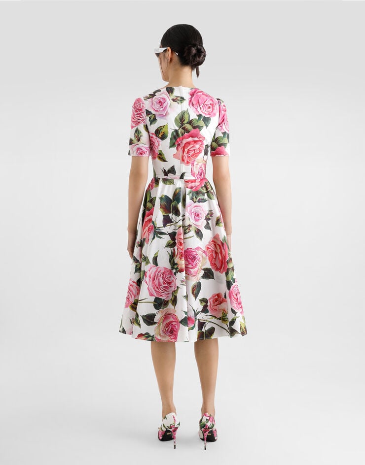 Dolce & Gabbana Vestido Longuette Babydoll De Algodón Con Estampado De Rosas