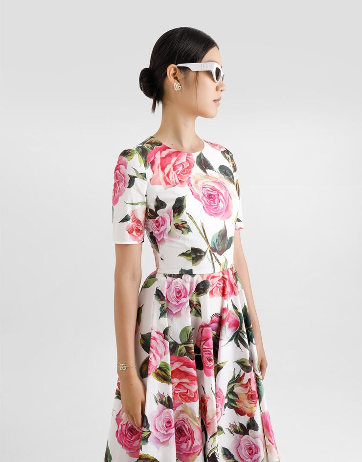 Dolce & Gabbana Vestido Longuette Babydoll De Algodón Con Estampado De Rosas