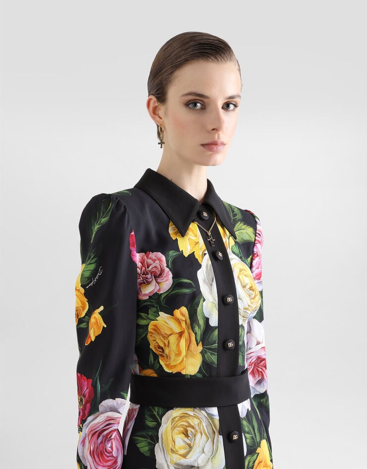 Dolce & Gabbana Vestido Longuette Camisero De Cady Con Estampado De Peonías Y Rosas