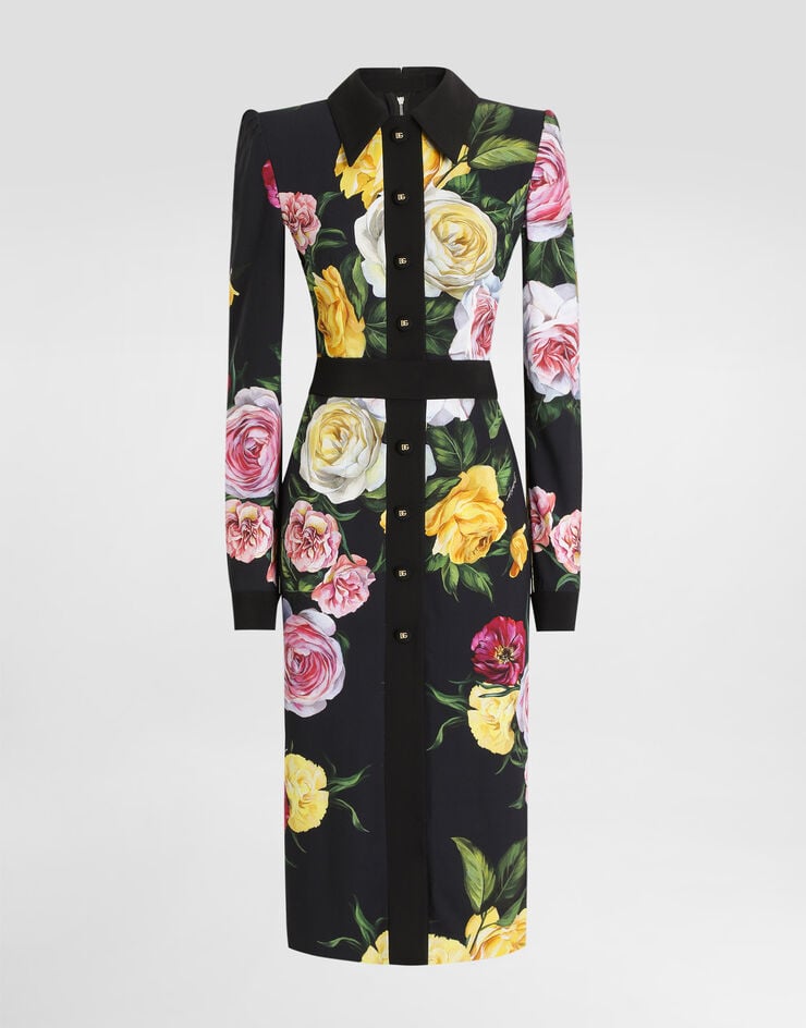 Dolce & Gabbana Vestido longuette camisero de cady con estampado de peonías y rosas