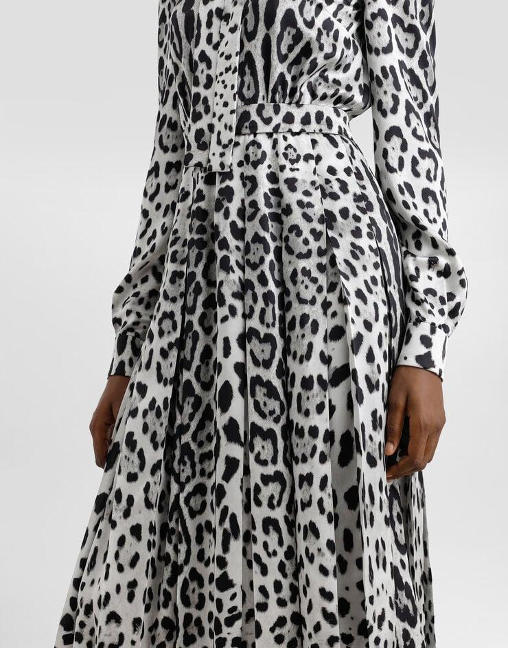 Dolce & Gabbana Vestido Longuette Camisero De Raso Con Lazo Estampado Leopardo