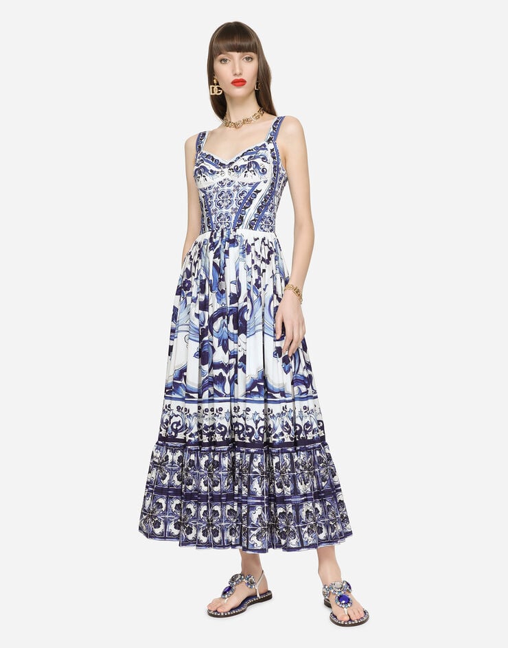Dolce & Gabbana Vestido Longuette Con Corsé De Popelina Con Estampado De Mayólica