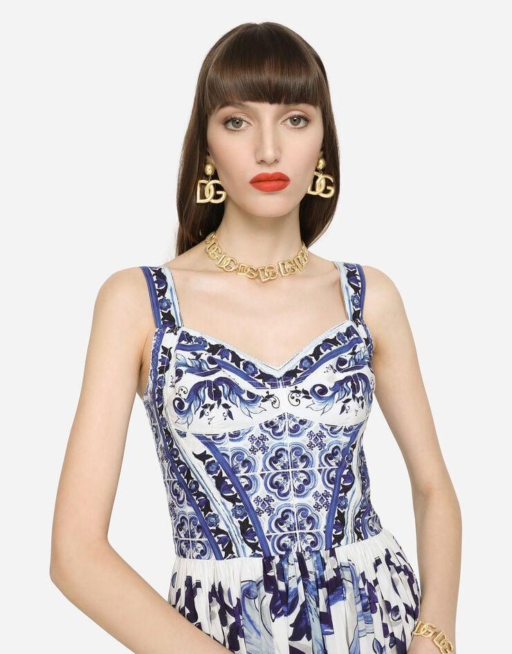 Dolce & Gabbana Vestido Longuette Con Corsé De Popelina Con Estampado De Mayólica