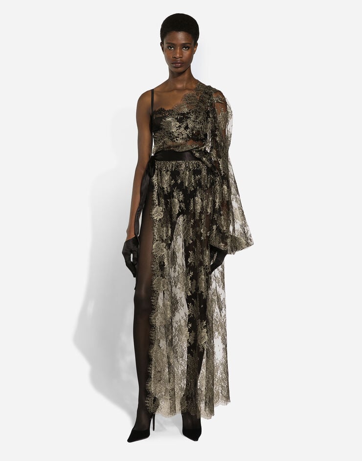 Dolce & Gabbana Vestido Longuette Con Hombro Descubierto De Encaje Chantilly Lamé