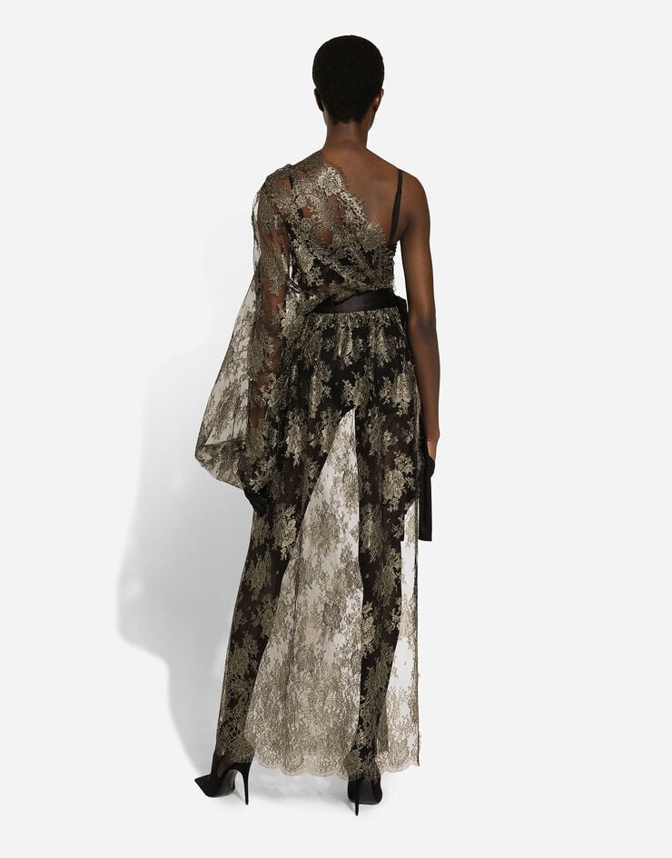 Dolce & Gabbana Vestido Longuette Con Hombro Descubierto De Encaje Chantilly Lamé