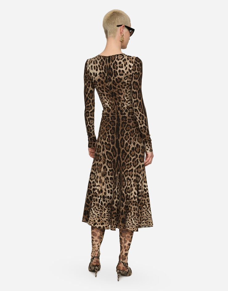 Dolce & Gabbana Vestido Longuette De Cady Con Estampado De Leopardo
