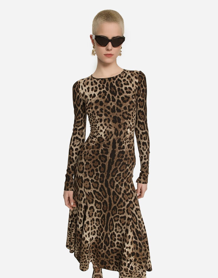 Dolce & Gabbana Vestido Longuette De Cady Con Estampado De Leopardo
