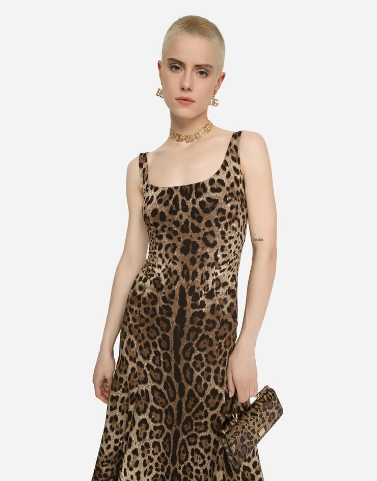 Dolce & Gabbana Vestido Longuette De Cady Con Estampado De Leopardo