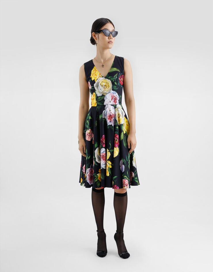 Dolce & Gabbana Vestido Longuette De Cady Con Falda Plato Y Estampado De Peonías Y Rosas