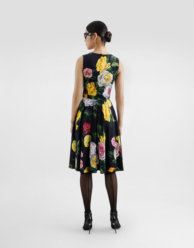 Dolce & Gabbana Vestido Longuette De Cady Con Falda Plato Y Estampado De Peonías Y Rosas