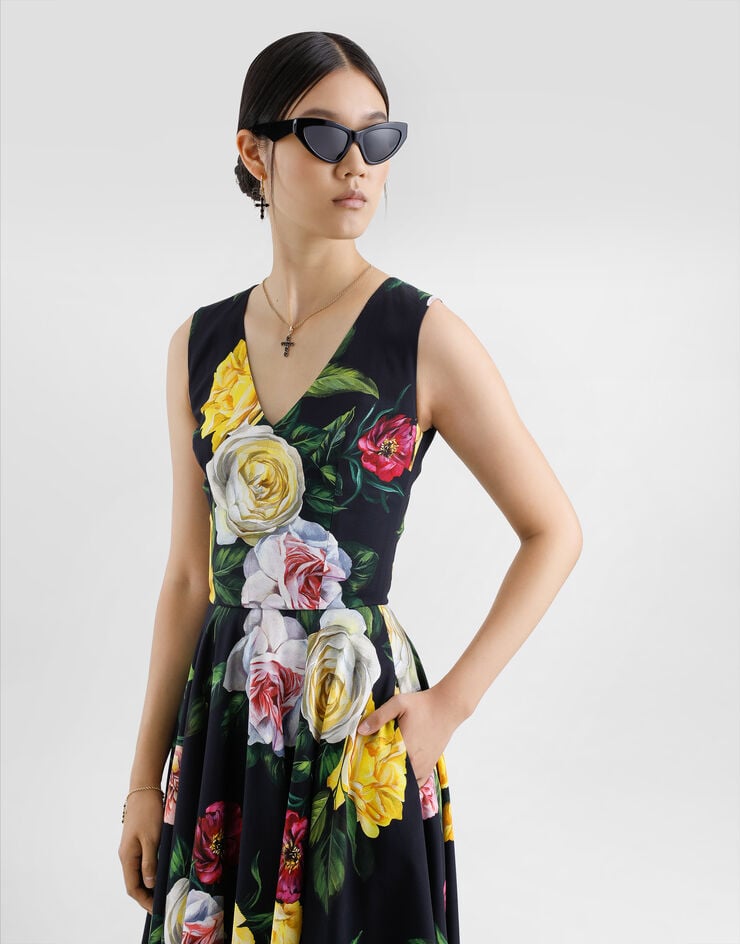 Dolce & Gabbana Vestido Longuette De Cady Con Falda Plato Y Estampado De Peonías Y Rosas