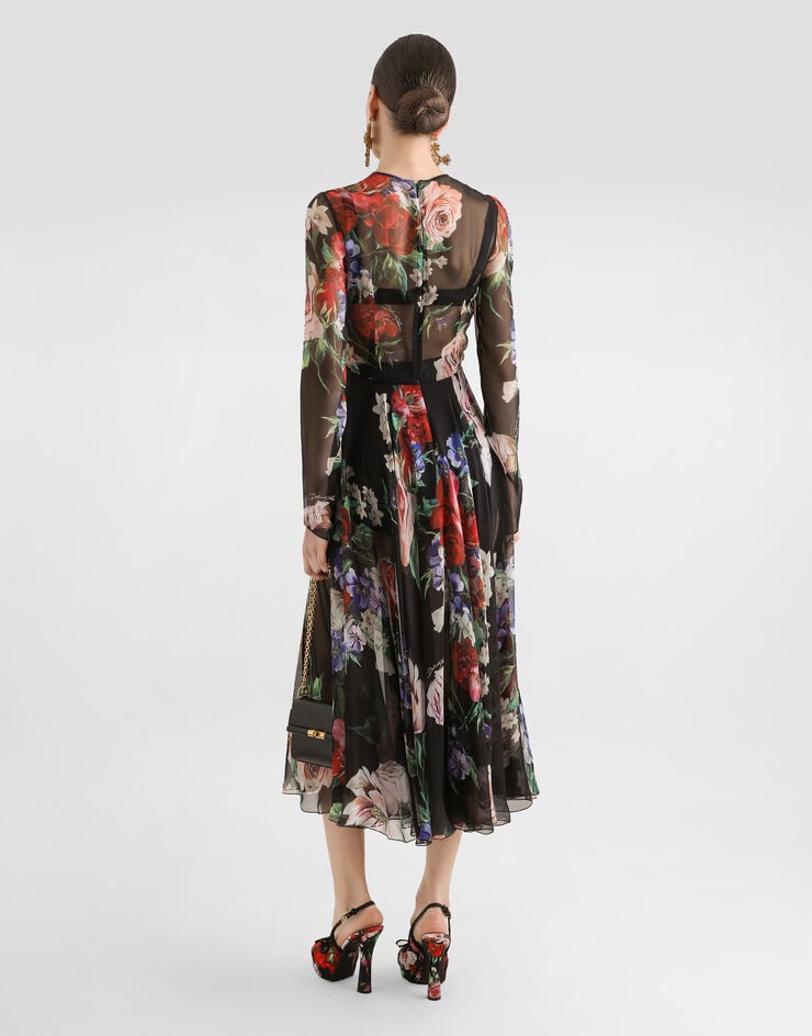 Dolce & Gabbana Vestido Longuette De Chifón Con Falda Plato Y Estampado A Flores