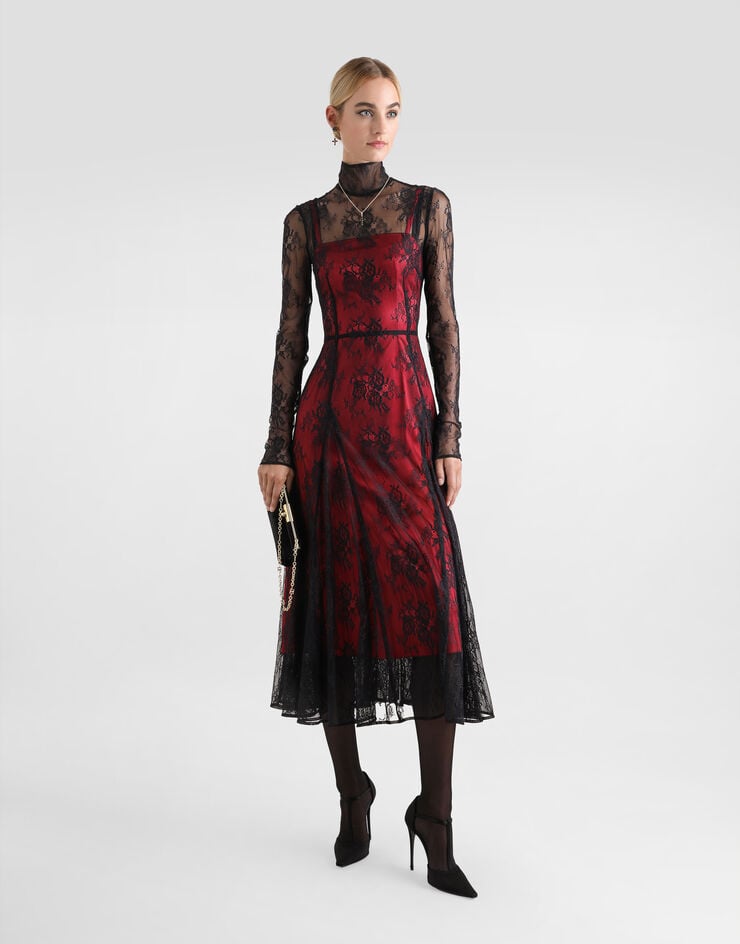 Dolce & Gabbana Vestido Longuette De Encaje Con Cuello Alto Y Forro En Contraste